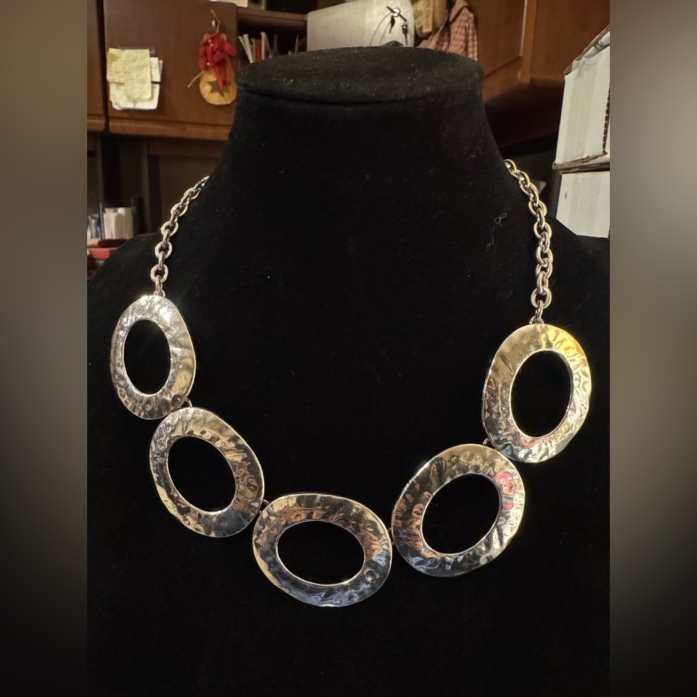 Dana Buchman Chunky Necklace Hammered Ring Open Boho Gold Tone Signed